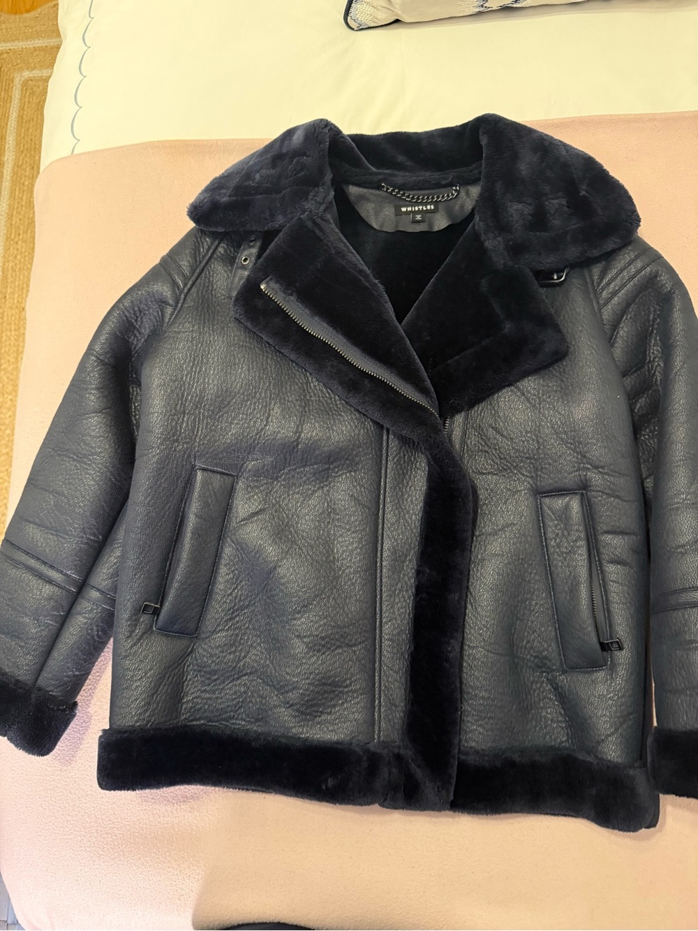 Whistles Navy Faux Shearling Aviator Jacket